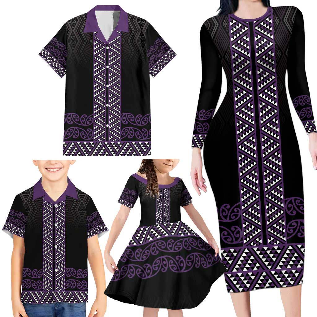 Maori Taniko Patterns Family Matching Long Sleeve Bodycon Dress and Hawaiian Shirt Purple Niho Taniwha Mix Paatiki Motifs LT7 - Polynesian Pride