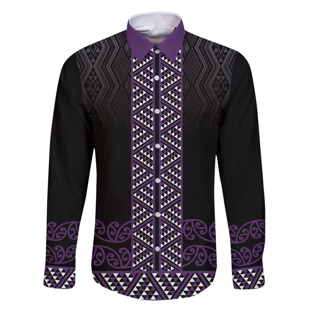 Maori Taniko Patterns Family Matching Long Sleeve Bodycon Dress and Hawaiian Shirt Purple Niho Taniwha Mix Paatiki Motifs LT7 Dad's Shirt - Long Sleeve Purple - Polynesian Pride