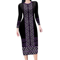 Maori Taniko Patterns Family Matching Long Sleeve Bodycon Dress and Hawaiian Shirt Purple Niho Taniwha Mix Paatiki Motifs LT7 Mom's Dress Purple - Polynesian Pride