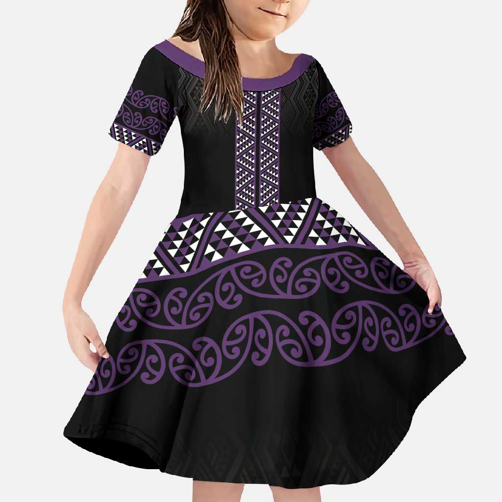 Maori Taniko Patterns Family Matching Mermaid Dress and Hawaiian Shirt Purple Niho Taniwha Mix Paatiki Motifs LT7 Daughter's Dress Purple - Polynesian Pride