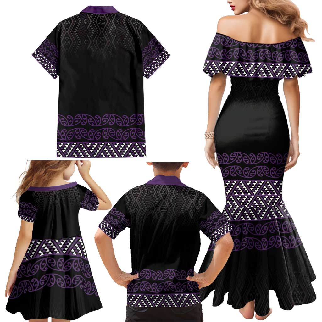 Maori Taniko Patterns Family Matching Mermaid Dress and Hawaiian Shirt Purple Niho Taniwha Mix Paatiki Motifs LT7 - Polynesian Pride