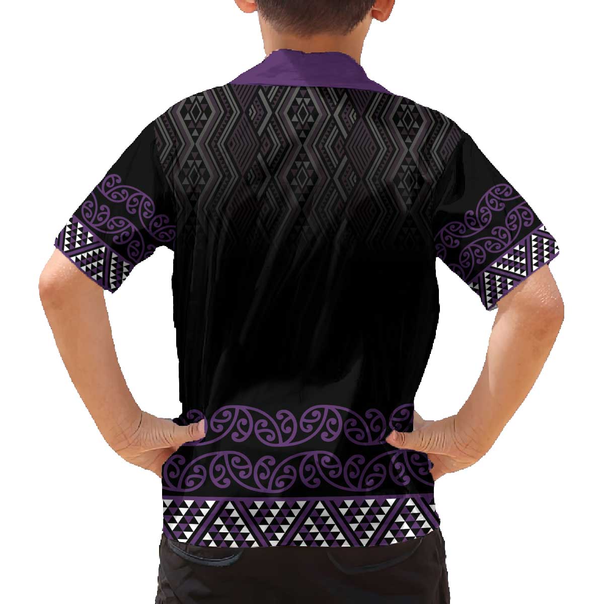 Maori Taniko Patterns Family Matching Off The Shoulder Long Sleeve Dress and Hawaiian Shirt Purple Niho Taniwha Mix Paatiki Motifs LT7 - Polynesian Pride