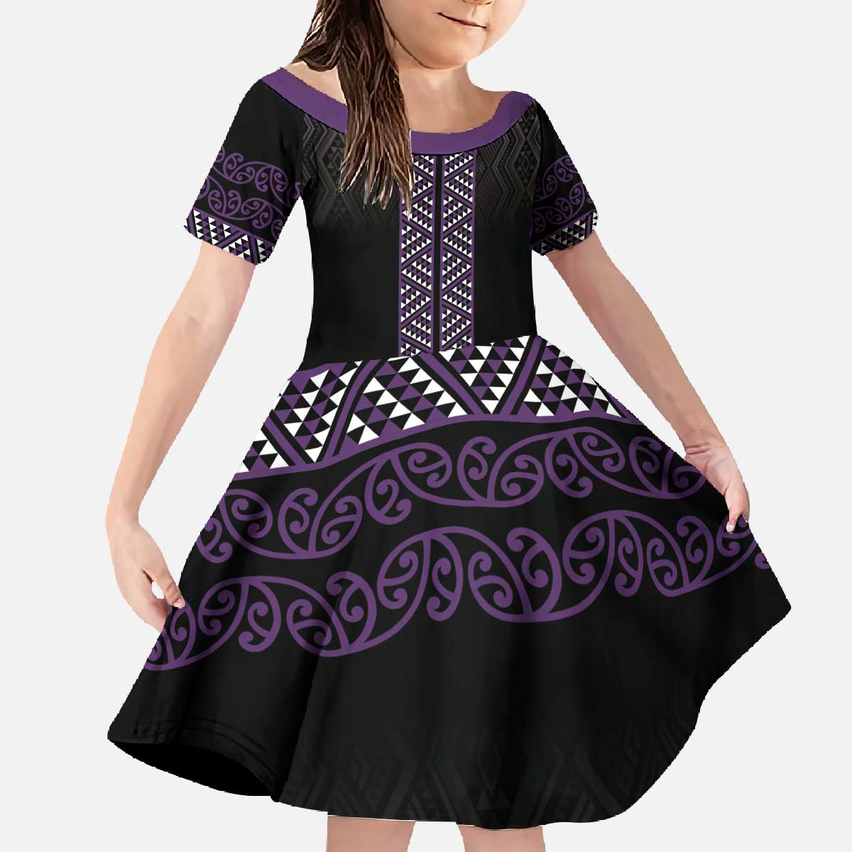 Maori Taniko Patterns Family Matching Off The Shoulder Long Sleeve Dress and Hawaiian Shirt Purple Niho Taniwha Mix Paatiki Motifs LT7 Daughter's Dress Purple - Polynesian Pride