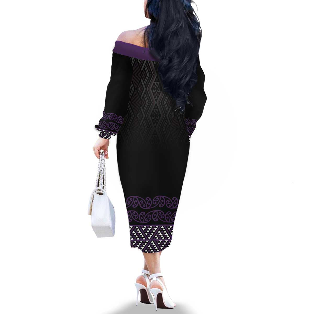 Maori Taniko Patterns Family Matching Off The Shoulder Long Sleeve Dress and Hawaiian Shirt Purple Niho Taniwha Mix Paatiki Motifs LT7 - Polynesian Pride