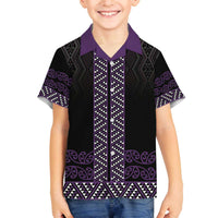 Maori Taniko Patterns Family Matching Off The Shoulder Long Sleeve Dress and Hawaiian Shirt Purple Niho Taniwha Mix Paatiki Motifs LT7 Son's Shirt Purple - Polynesian Pride