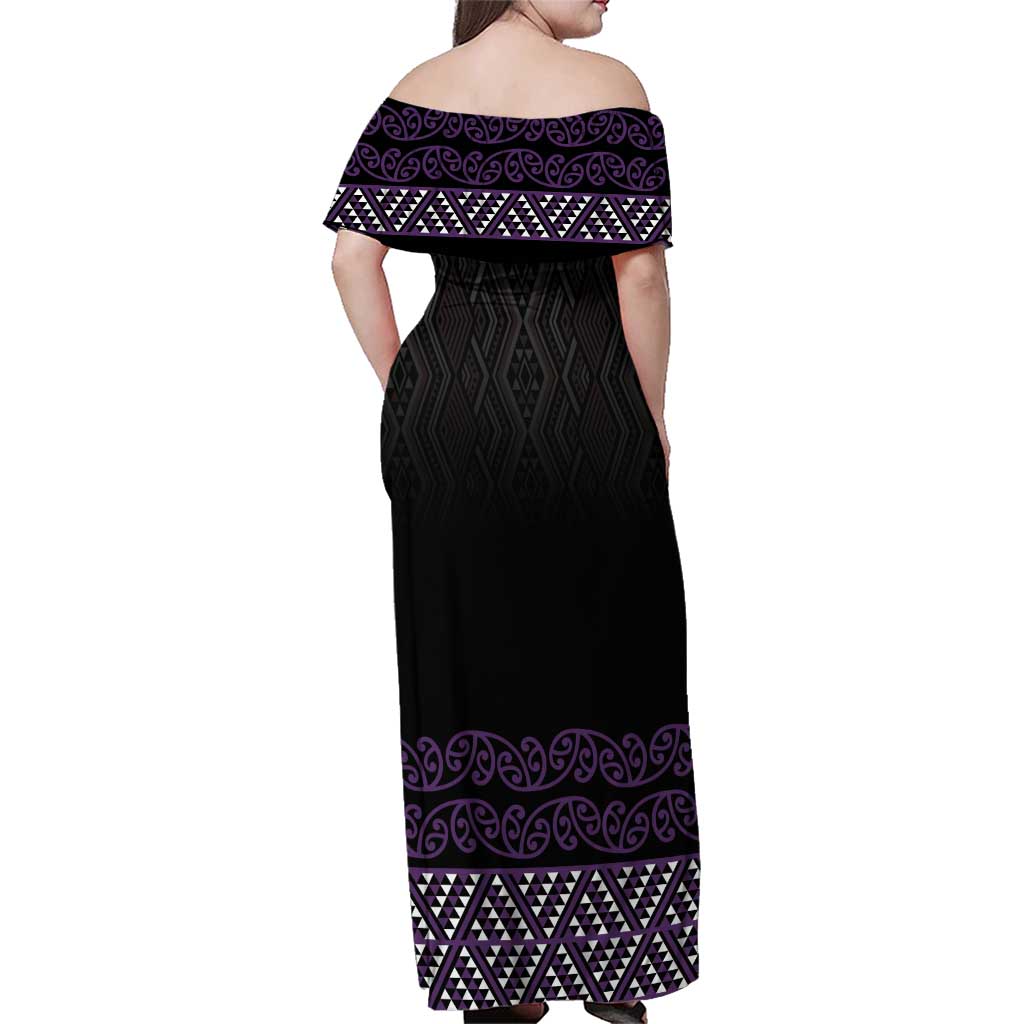 Maori Taniko Patterns Family Matching Off Shoulder Maxi Dress and Hawaiian Shirt Purple Niho Taniwha Mix Paatiki Motifs