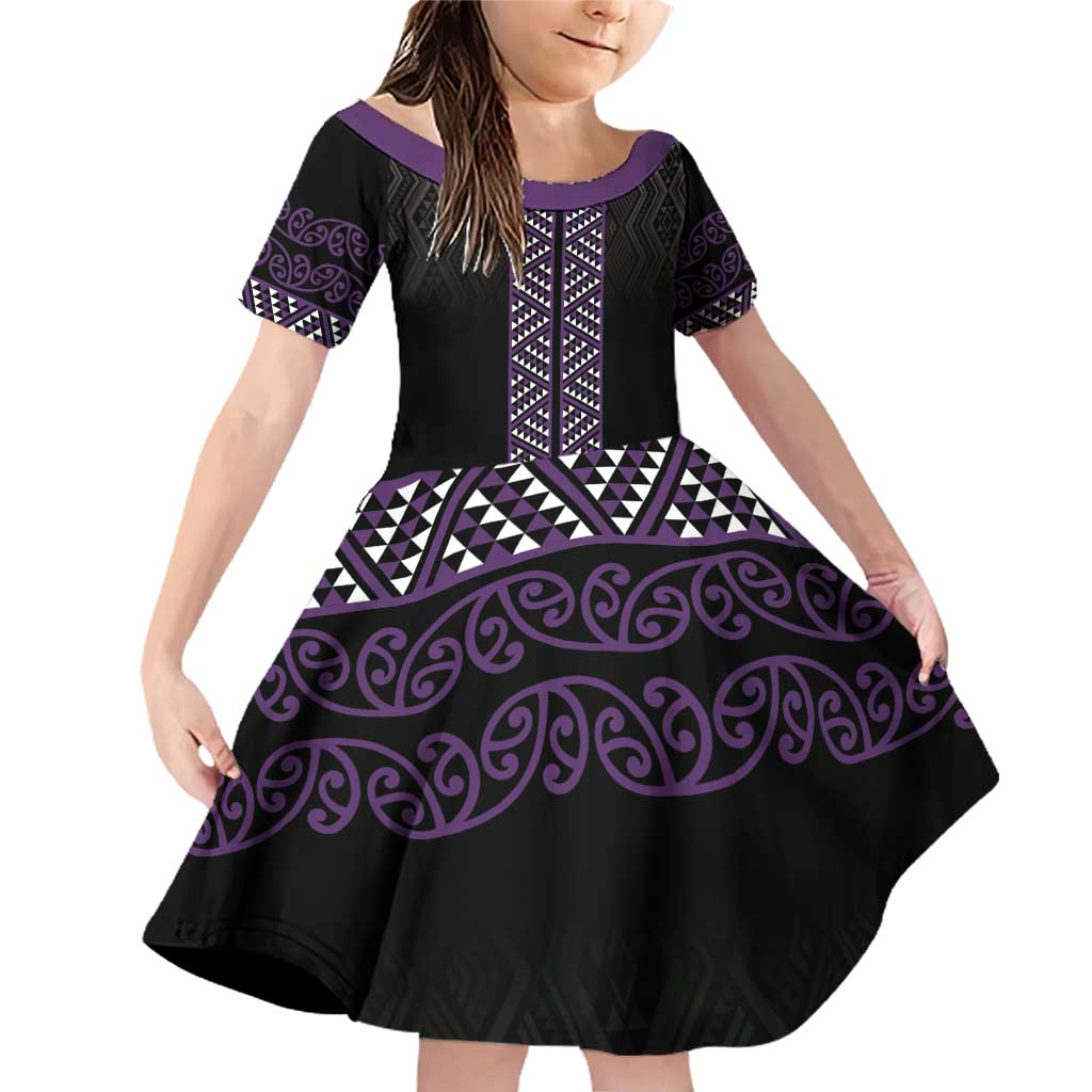 Maori Taniko Patterns Family Matching Off Shoulder Short Dress and Hawaiian Shirt Purple Niho Taniwha Mix Paatiki Motifs