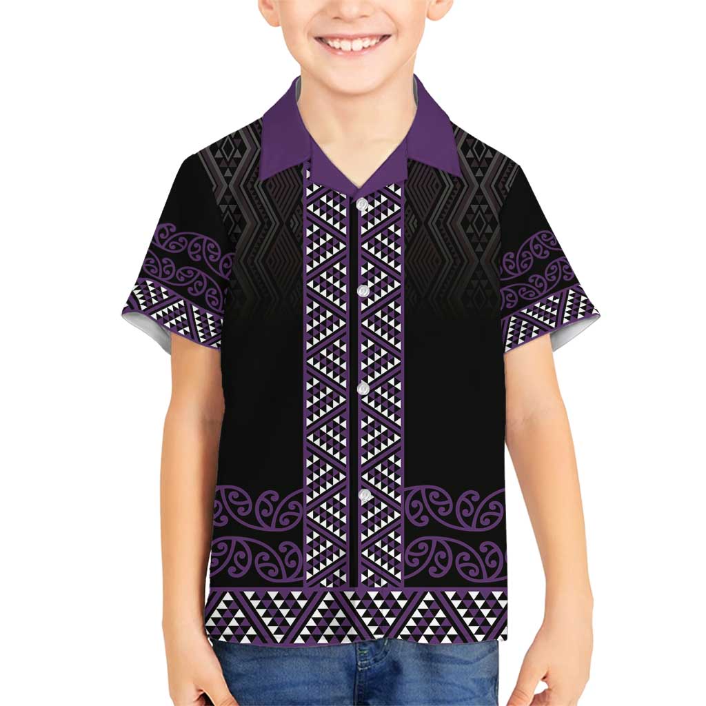 Maori Taniko Patterns Family Matching Off Shoulder Short Dress and Hawaiian Shirt Purple Niho Taniwha Mix Paatiki Motifs