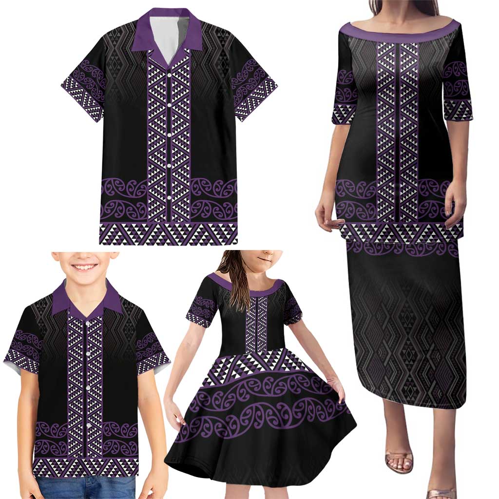 Maori Taniko Patterns Family Matching Puletasi and Hawaiian Shirt Purple Niho Taniwha Mix Paatiki Motifs LT7 - Polynesian Pride