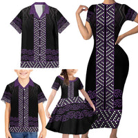 Maori Taniko Patterns Family Matching Short Sleeve Bodycon Dress and Hawaiian Shirt Purple Niho Taniwha Mix Paatiki Motifs LT7 - Polynesian Pride