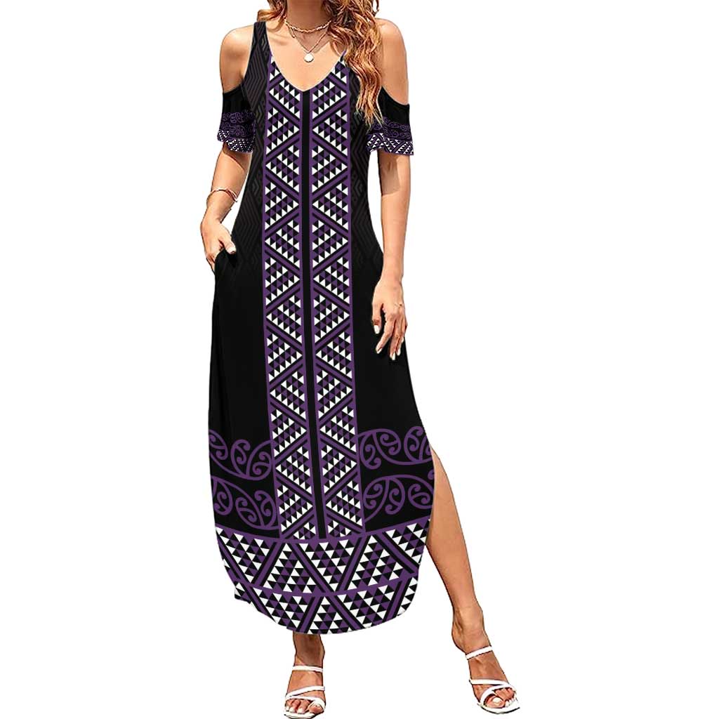 Maori Taniko Patterns Family Matching Summer Maxi Dress and Hawaiian Shirt Purple Niho Taniwha Mix Paatiki Motifs