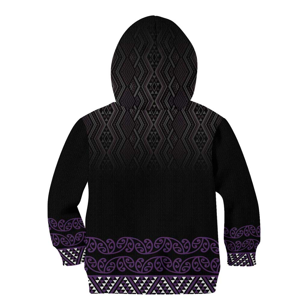 Maori Taniko Patterns Kid Hoodie Purple Niho Taniwha Mix Paatiki Motifs