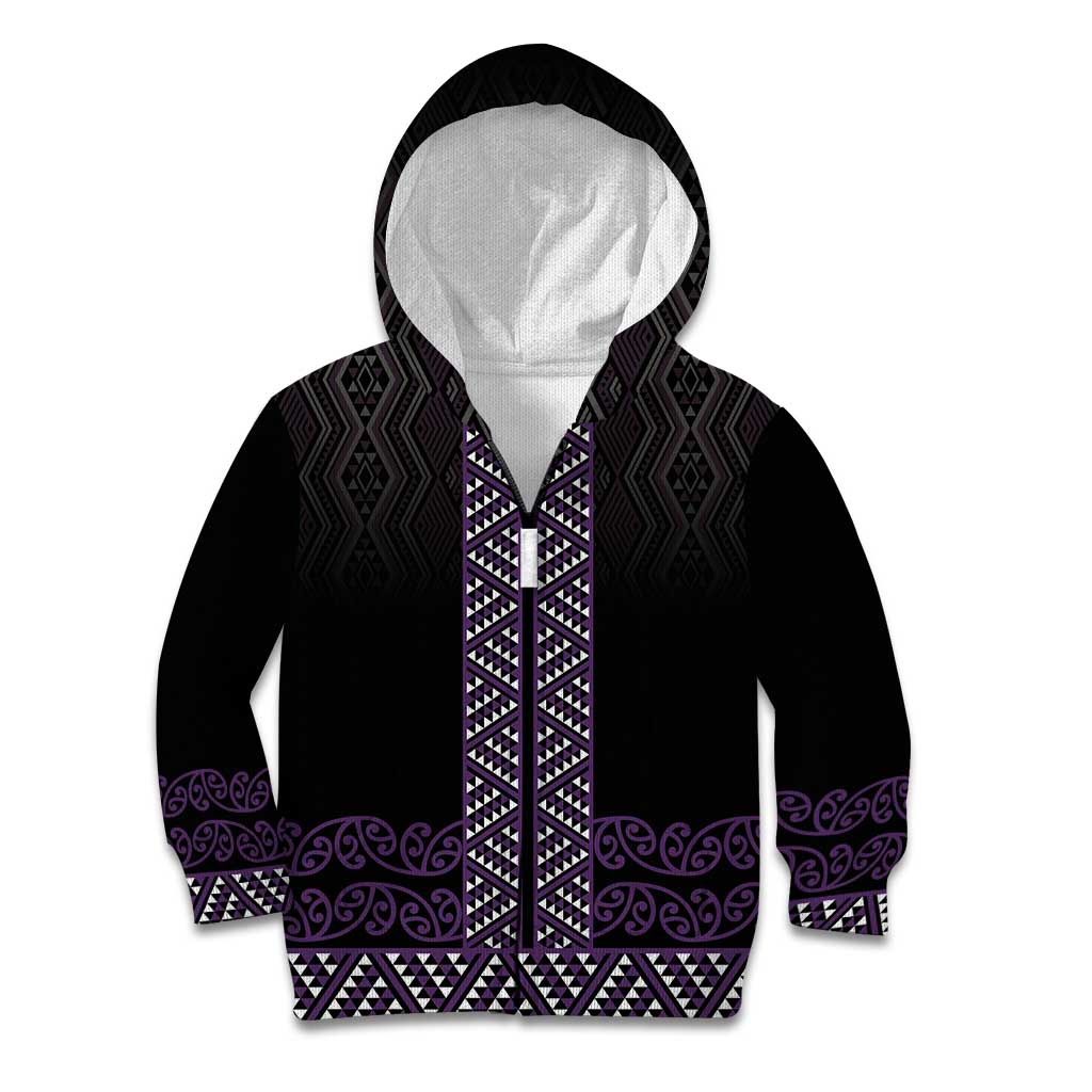 Maori Taniko Patterns Kid Hoodie Purple Niho Taniwha Mix Paatiki Motifs