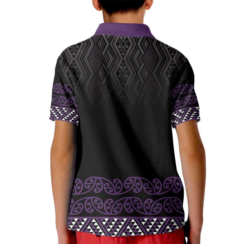Maori Taniko Patterns Kid Polo Shirt Purple Niho Taniwha Mix Paatiki Motifs