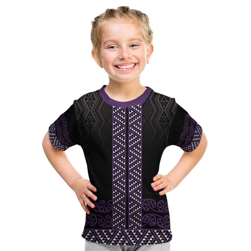 Maori Taniko Patterns Kid T Shirt Purple Niho Taniwha Mix Paatiki Motifs