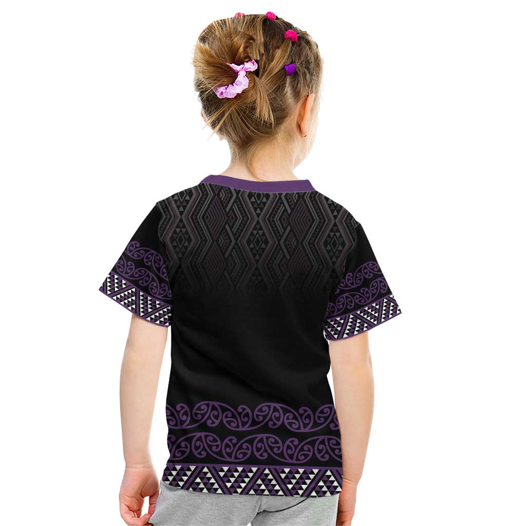 Maori Taniko Patterns Kid T Shirt Purple Niho Taniwha Mix Paatiki Motifs