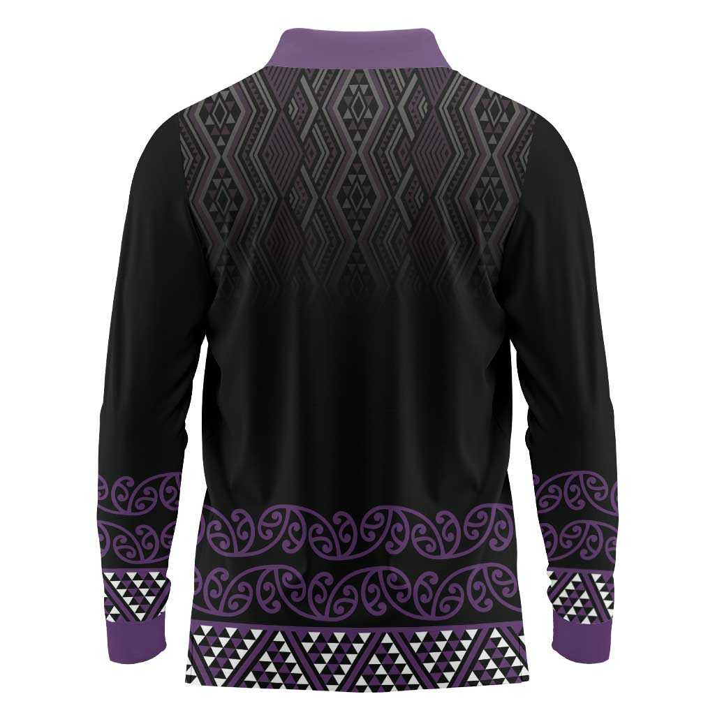 Maori Taniko Patterns Long Sleeve Polo Shirt Purple Niho Taniwha Mix Paatiki Motifs