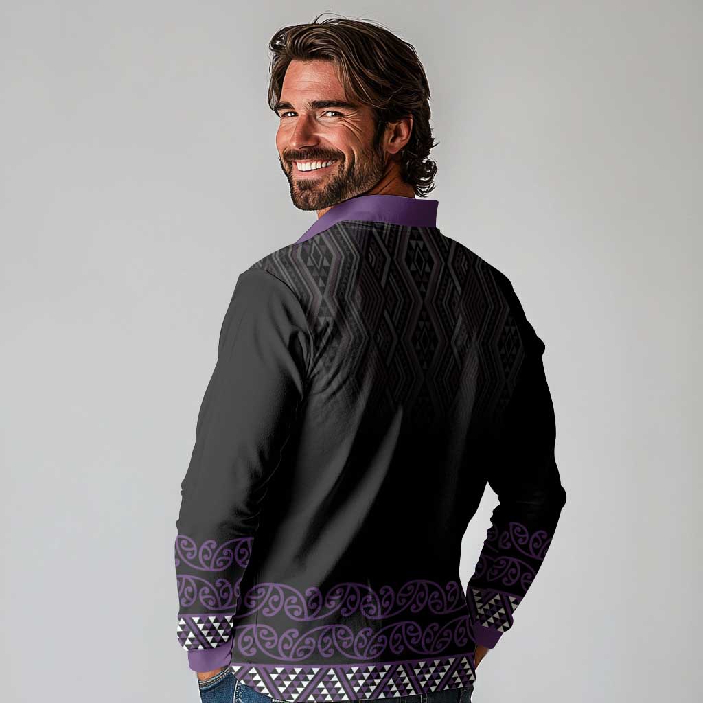 Maori Taniko Patterns Long Sleeve Polo Shirt Purple Niho Taniwha Mix Paatiki Motifs