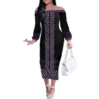 Maori Taniko Patterns Off The Shoulder Long Sleeve Dress Purple Niho Taniwha Mix Paatiki Motifs