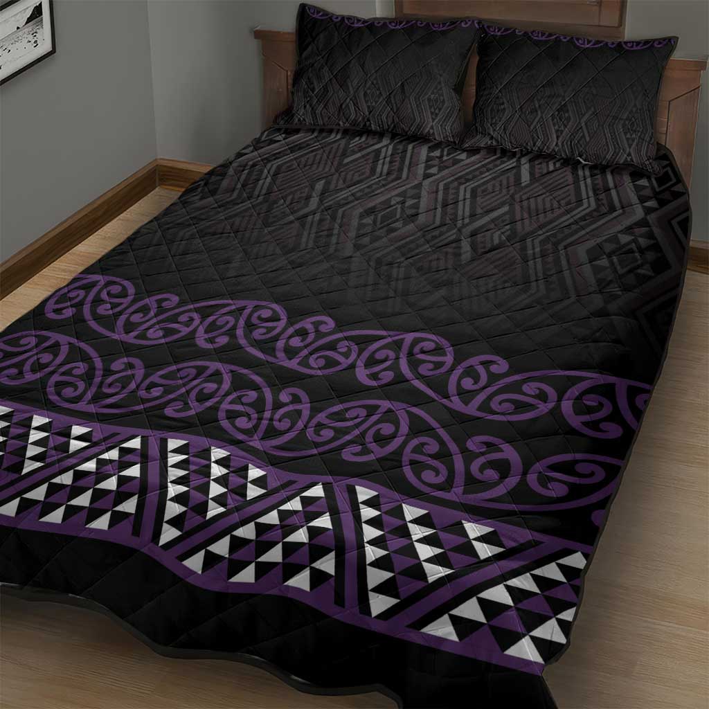 Maori Taniko Patterns Quilt Bed Set Purple Niho Taniwha Mix Paatiki Motifs