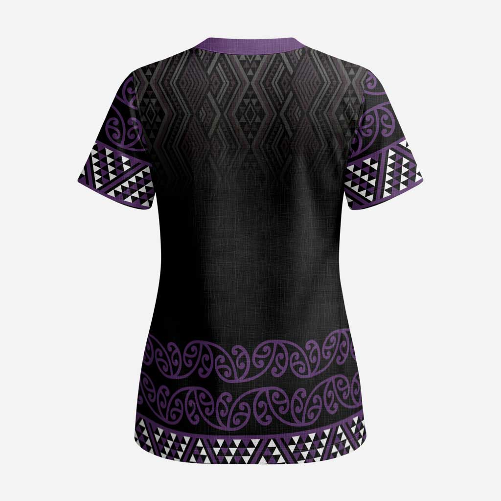 Maori Taniko Patterns Scrub Top Purple Niho Taniwha Mix Paatiki Motifs - Polynesian Pride