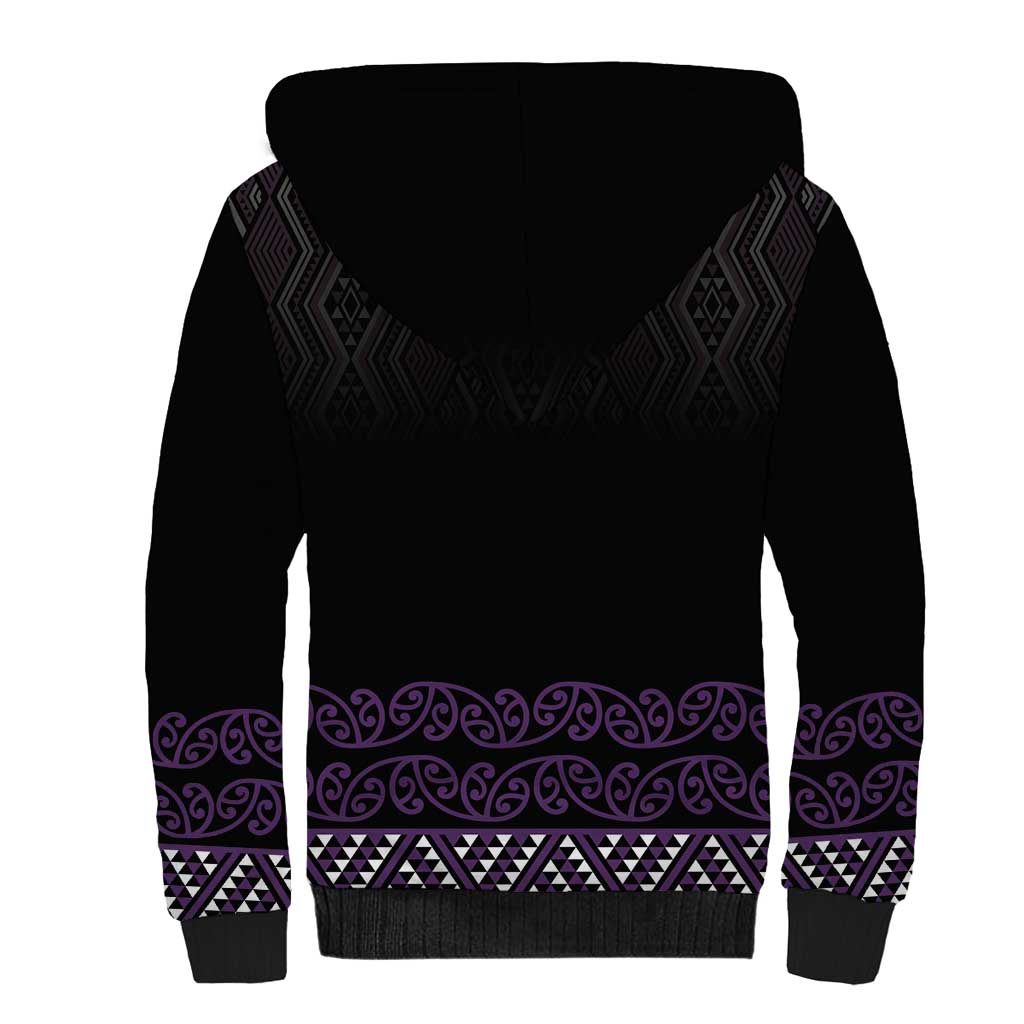 Maori Taniko Patterns Sherpa Hoodie Purple Niho Taniwha Mix Paatiki Motifs