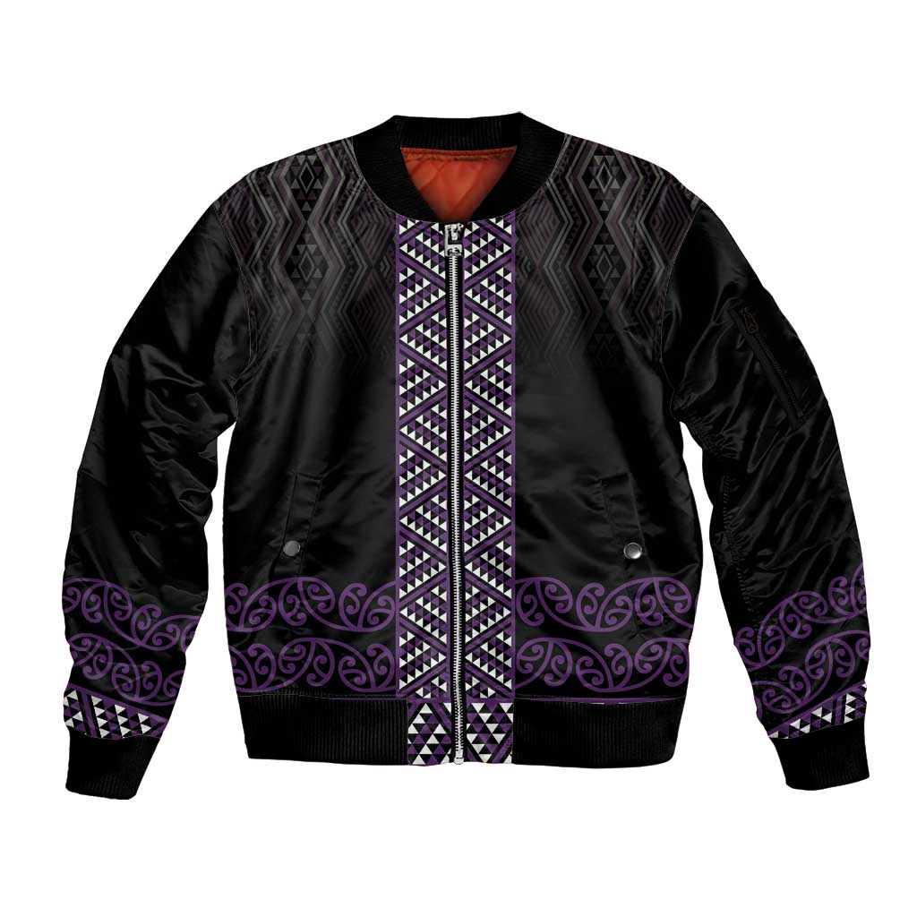 Maori Taniko Patterns Sleeve Zip Bomber Jacket Purple Niho Taniwha Mix Paatiki Motifs