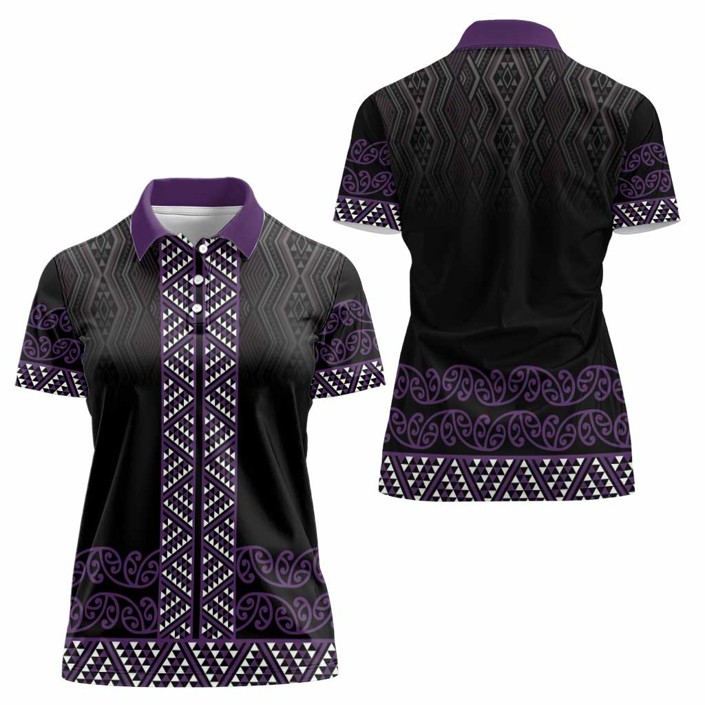 Maori Taniko Patterns Women Polo Shirt Purple Niho Taniwha Mix Paatiki Motifs