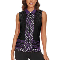 Maori Taniko Patterns Women Sleeveless Polo Shirt Purple Niho Taniwha Mix Paatiki Motifs