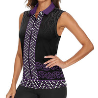 Maori Taniko Patterns Women Sleeveless Polo Shirt Purple Niho Taniwha Mix Paatiki Motifs