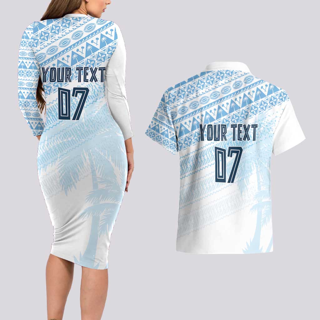 Fiji Rugby Custom Kaiviti Masi Couples Matching Long Sleeve Bodycon Dress and Hawaiian Shirt Turquoise - Polynesian Pride