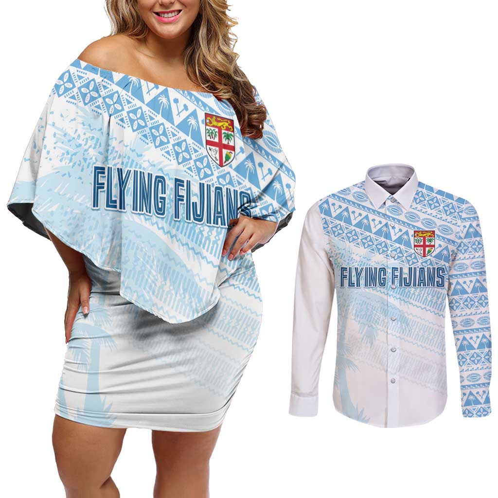 Fiji Rugby Custom Kaiviti Masi Couples Matching Off Shoulder Short Dress and Long Sleeve Button Shirt Turquoise - Polynesian Pride