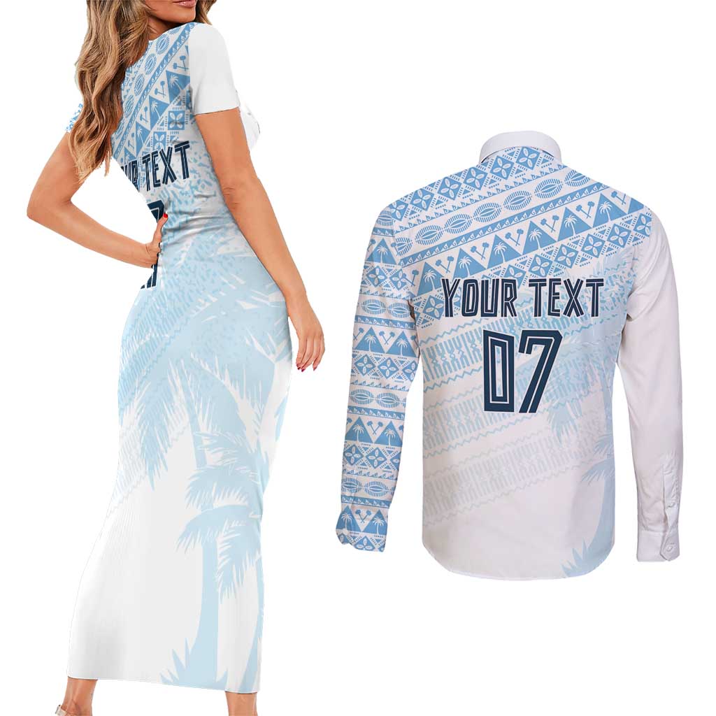 Fiji Rugby Custom Kaiviti Masi Couples Matching Short Sleeve Bodycon Dress and Long Sleeve Button Shirt Turquoise - Polynesian Pride