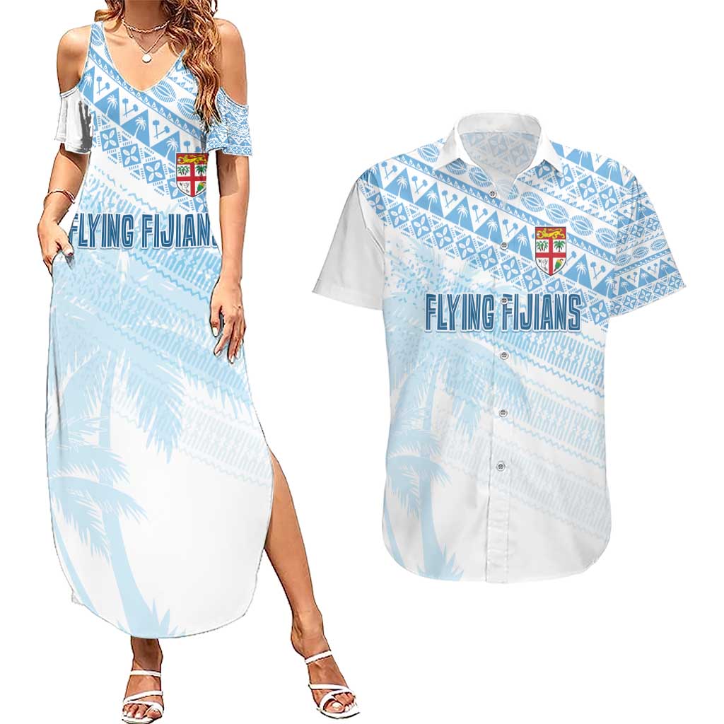 Fiji Rugby Custom Kaiviti Masi Couples Matching Summer Maxi Dress and Hawaiian Shirt Turquoise - Polynesian Pride