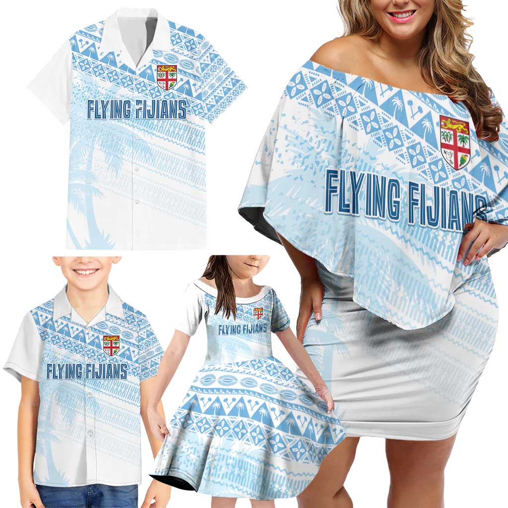 Fiji Rugby Custom Kaiviti Masi Family Matching Off Shoulder Short Dress and Hawaiian Shirt Turquoise - Polynesian Pride