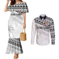 Fiji Rugby Custom Kaiviti Masi Couples Matching Mermaid Dress and Long Sleeve Button Shirt Black - Polynesian Pride