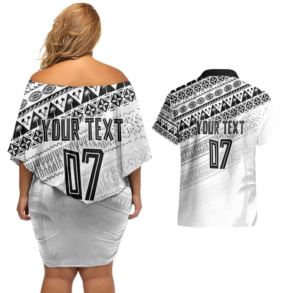 Fiji Rugby Custom Kaiviti Masi Couples Matching Off Shoulder Short Dress and Hawaiian Shirt Black - Polynesian Pride
