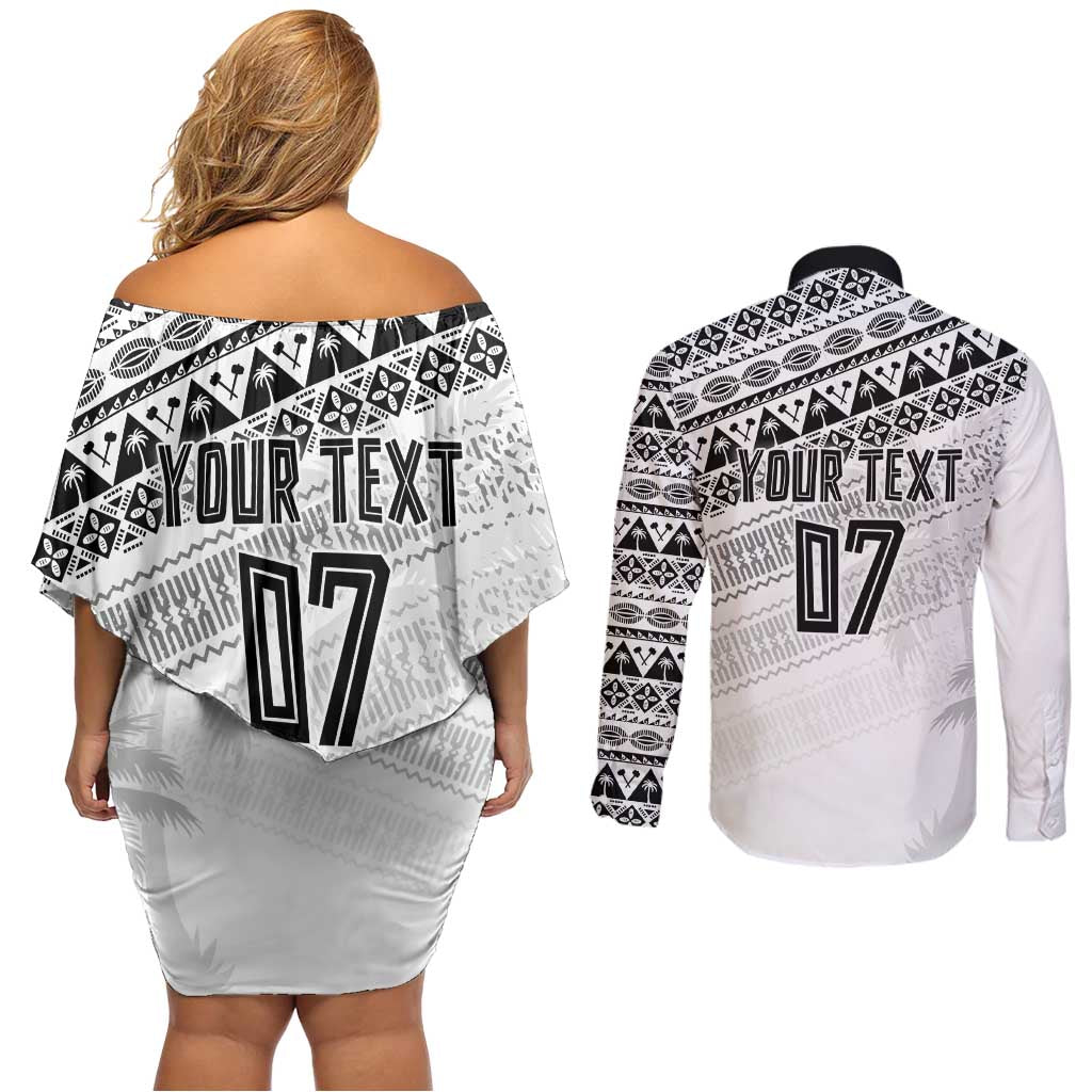 Fiji Rugby Custom Kaiviti Masi Couples Matching Off Shoulder Short Dress and Long Sleeve Button Shirt Black - Polynesian Pride