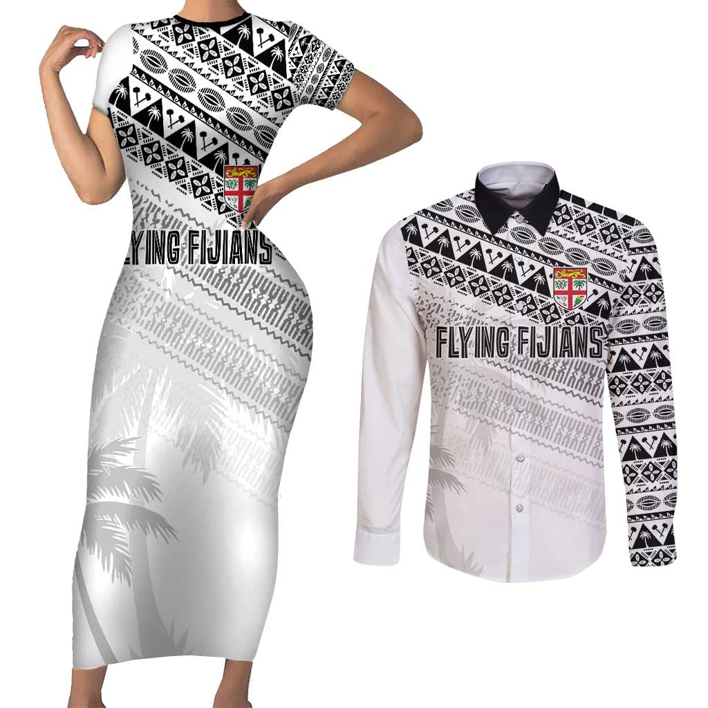 Fiji Rugby Custom Kaiviti Masi Couples Matching Short Sleeve Bodycon Dress and Long Sleeve Button Shirt Black - Polynesian Pride