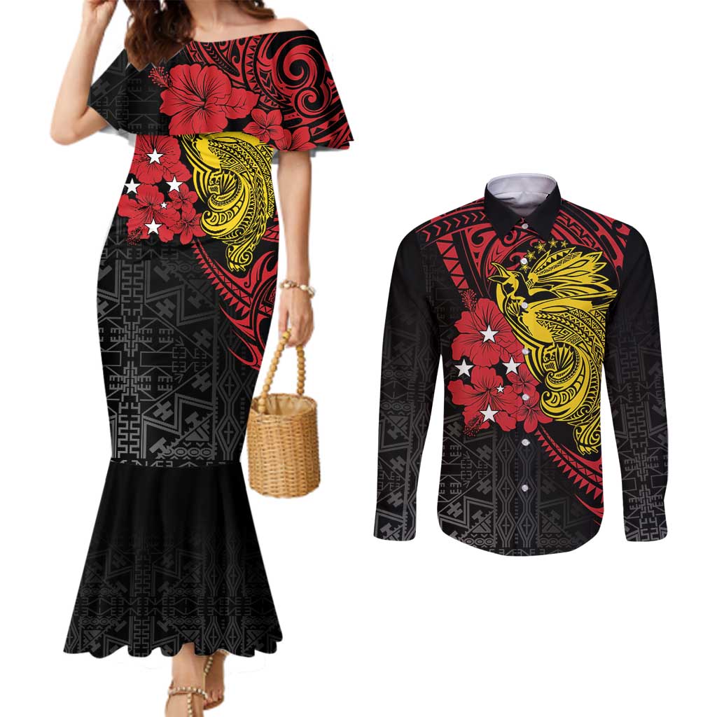 Papua New Guinea 49th Independence Day Couples Matching Mermaid Dress and Long Sleeve Button Shirt Motuan Revareva Bird-of-Paradise