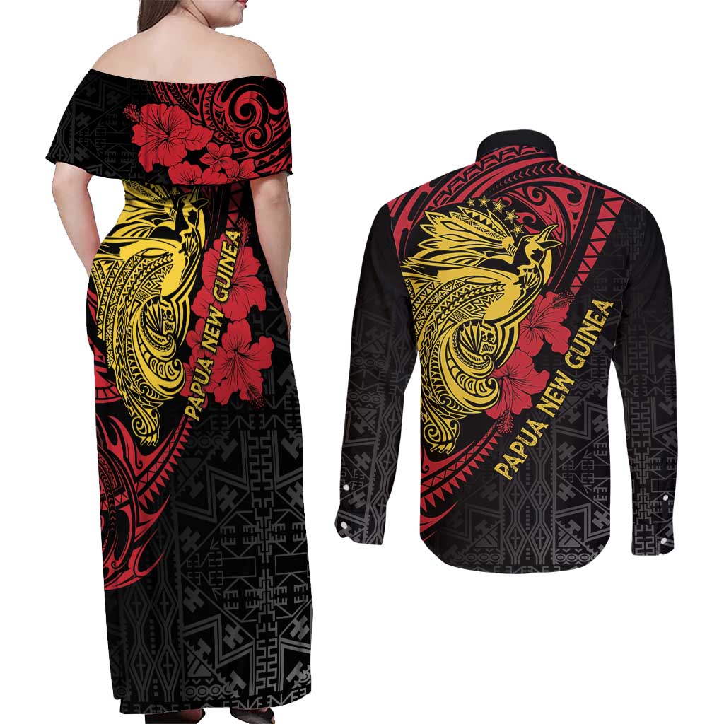 Papua New Guinea 49th Independence Day Couples Matching Off Shoulder Maxi Dress and Long Sleeve Button Shirt Motuan Revareva Bird-of-Paradise