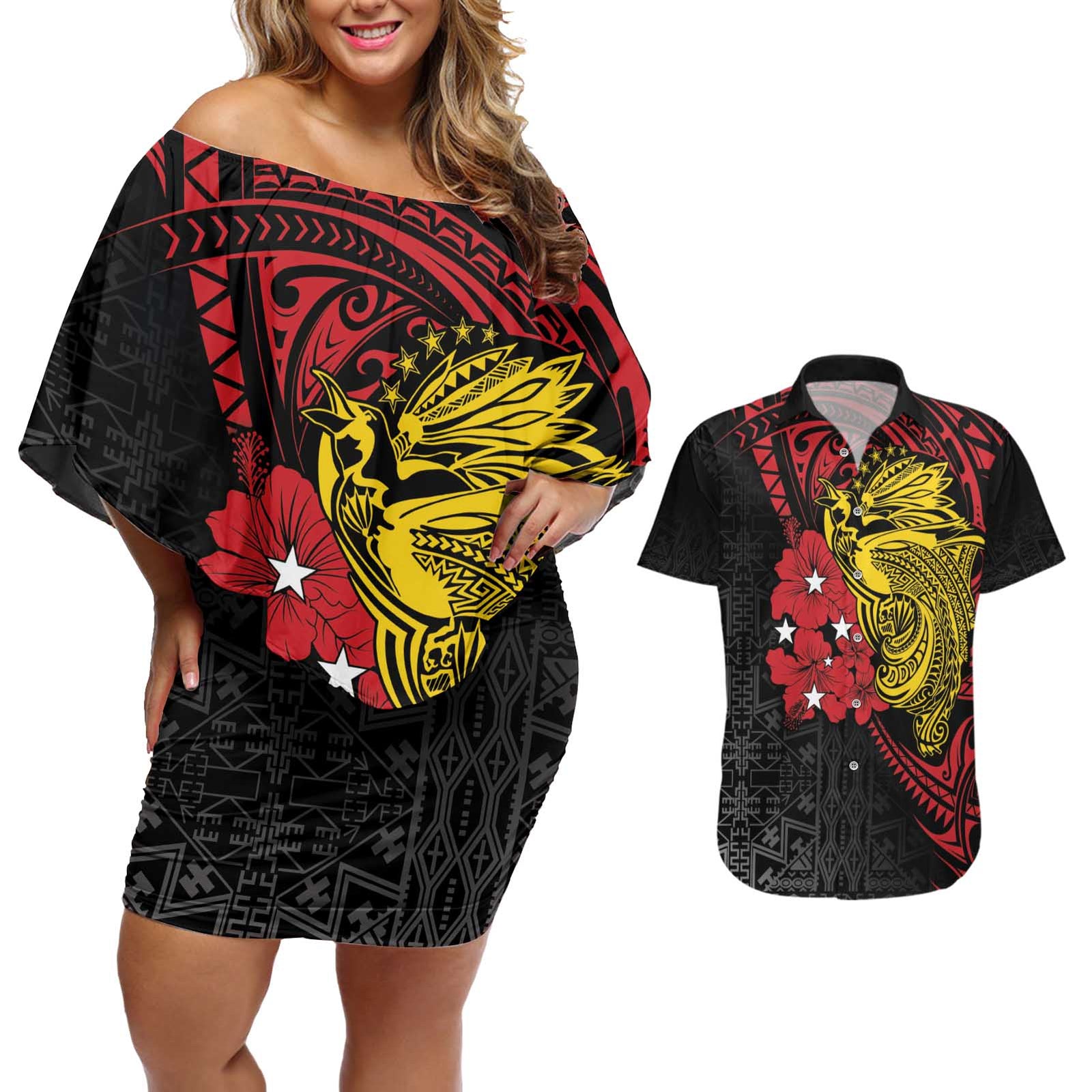 Papua New Guinea 49th Independence Day Couples Matching Off Shoulder Short Dress and Hawaiian Shirt Motuan Revareva Bird-of-Paradise