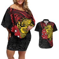 Papua New Guinea 49th Independence Day Couples Matching Off Shoulder Short Dress and Hawaiian Shirt Motuan Revareva Bird-of-Paradise