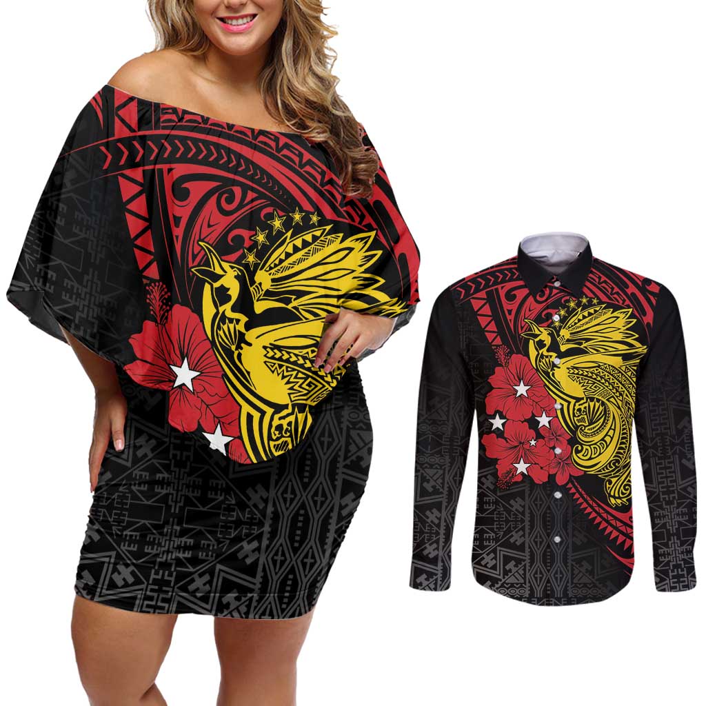 Papua New Guinea 49th Independence Day Couples Matching Off Shoulder Short Dress and Long Sleeve Button Shirt Motuan Revareva Bird-of-Paradise