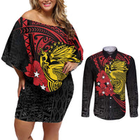 Papua New Guinea 49th Independence Day Couples Matching Off Shoulder Short Dress and Long Sleeve Button Shirt Motuan Revareva Bird-of-Paradise
