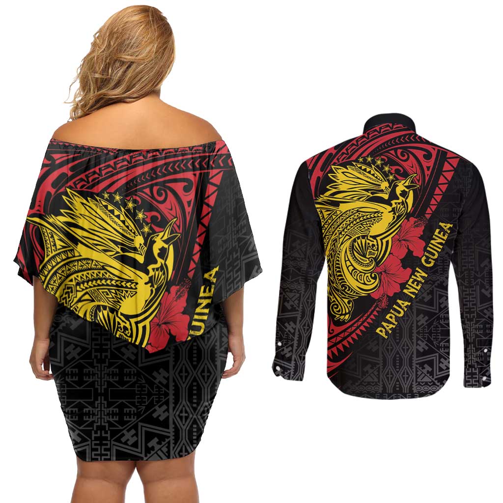 Papua New Guinea 49th Independence Day Couples Matching Off Shoulder Short Dress and Long Sleeve Button Shirt Motuan Revareva Bird-of-Paradise