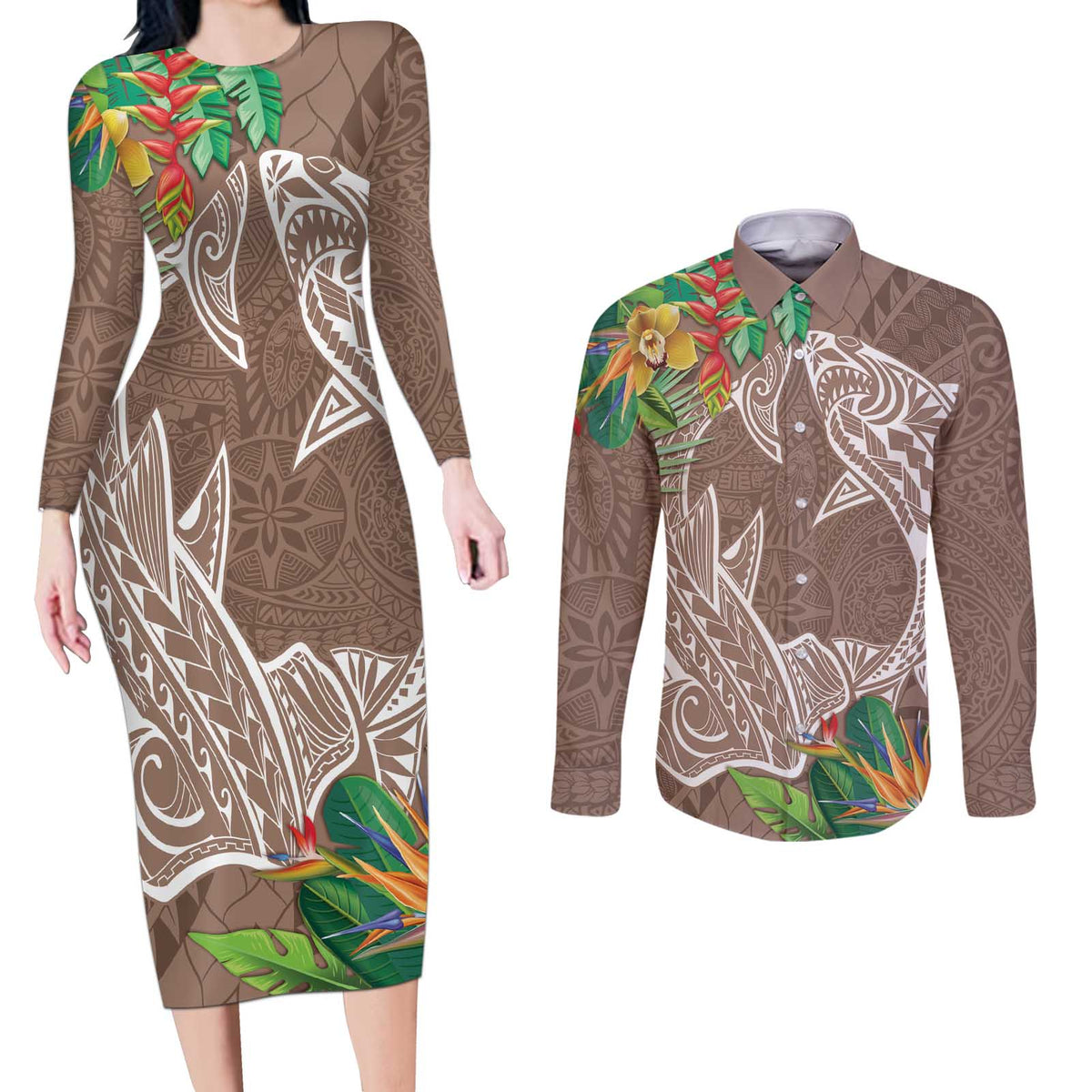 Polynesia Couples Matching Long Sleeve Bodycon Dress and Long Sleeve Button Shirt Sharks Duo Tropical Brown