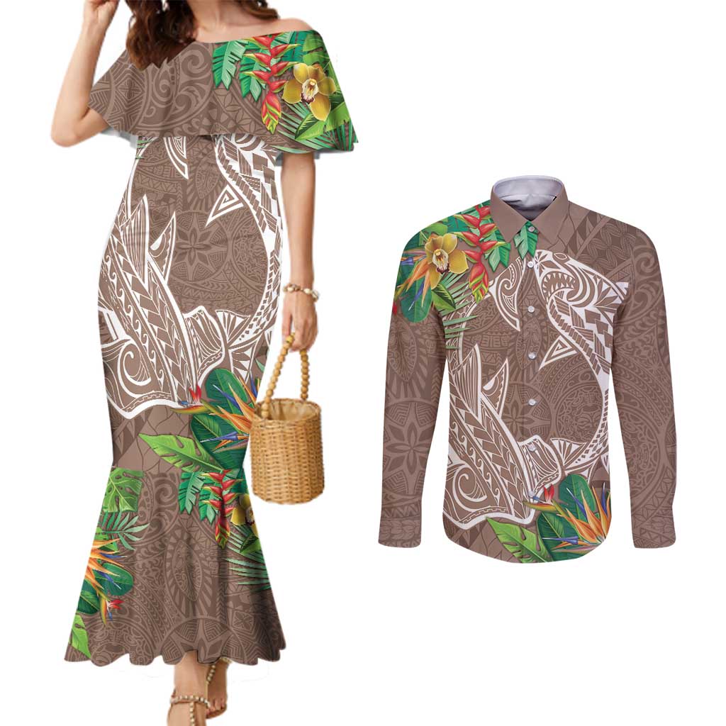 Polynesia Couples Matching Mermaid Dress and Long Sleeve Button Shirt Sharks Duo Tropical Brown