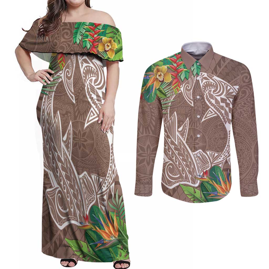 Polynesia Couples Matching Off Shoulder Maxi Dress and Long Sleeve Button Shirt Sharks Duo Tropical Brown