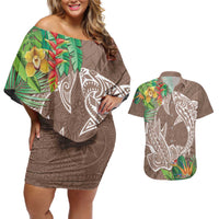 Polynesia Couples Matching Off Shoulder Short Dress and Hawaiian Shirt Sharks Duo Tropical Brown